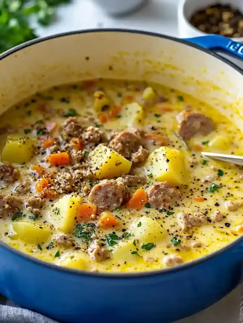 Blue cast iron pot with sausage potato soup and fresh parsley garnish.