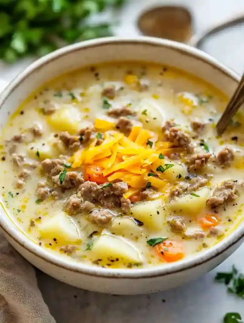Bowl of sausage potato soup topped with cheddar and parsley, spoon beside it.