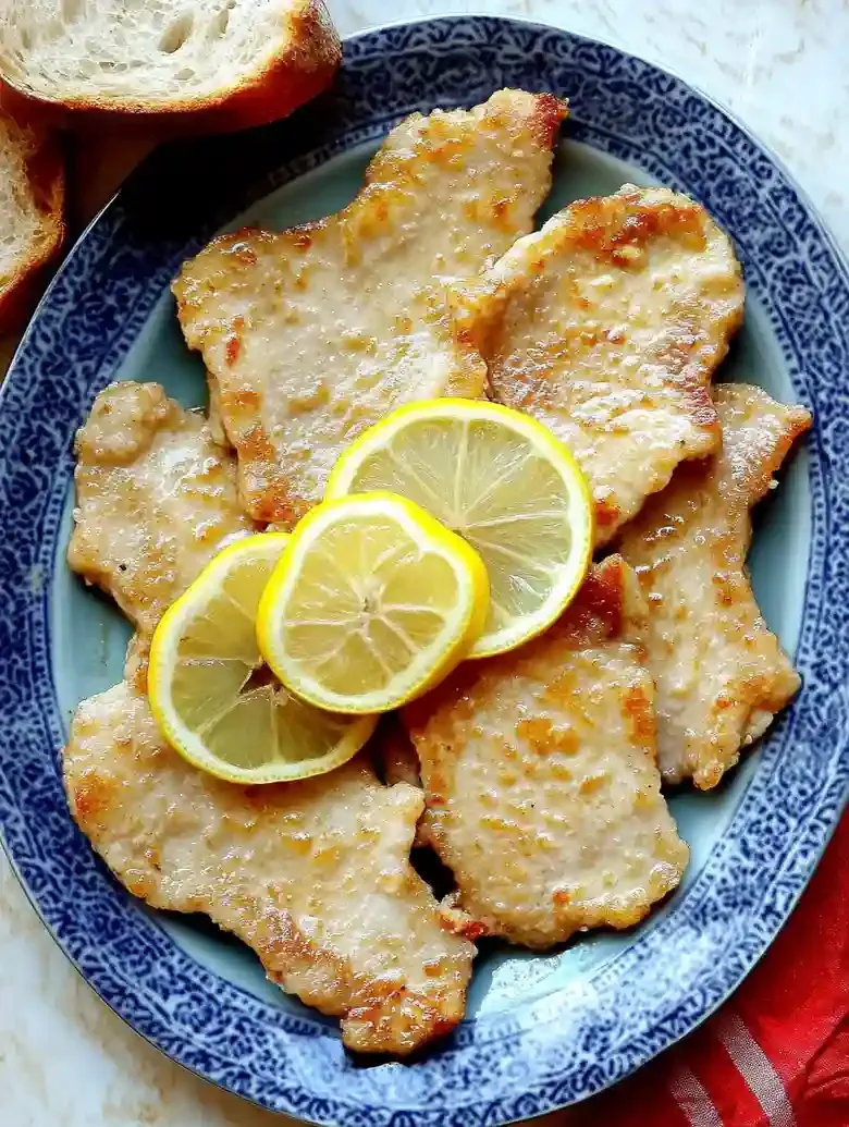 Blue platter with crispy veal scaloppine and lemon slices on marble surface.
