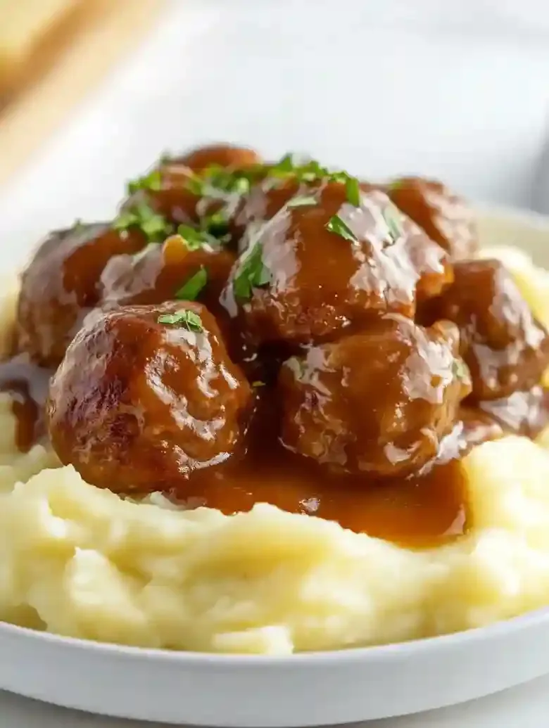 Mashed potatoes topped with meatballs and brown gravy, garnished with herbs.