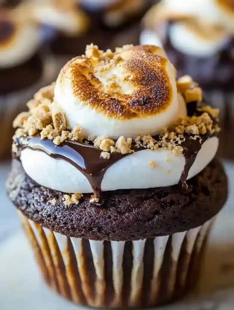 Chocolate cupcake with golden marshmallow frosting and graham cracker crumbs.