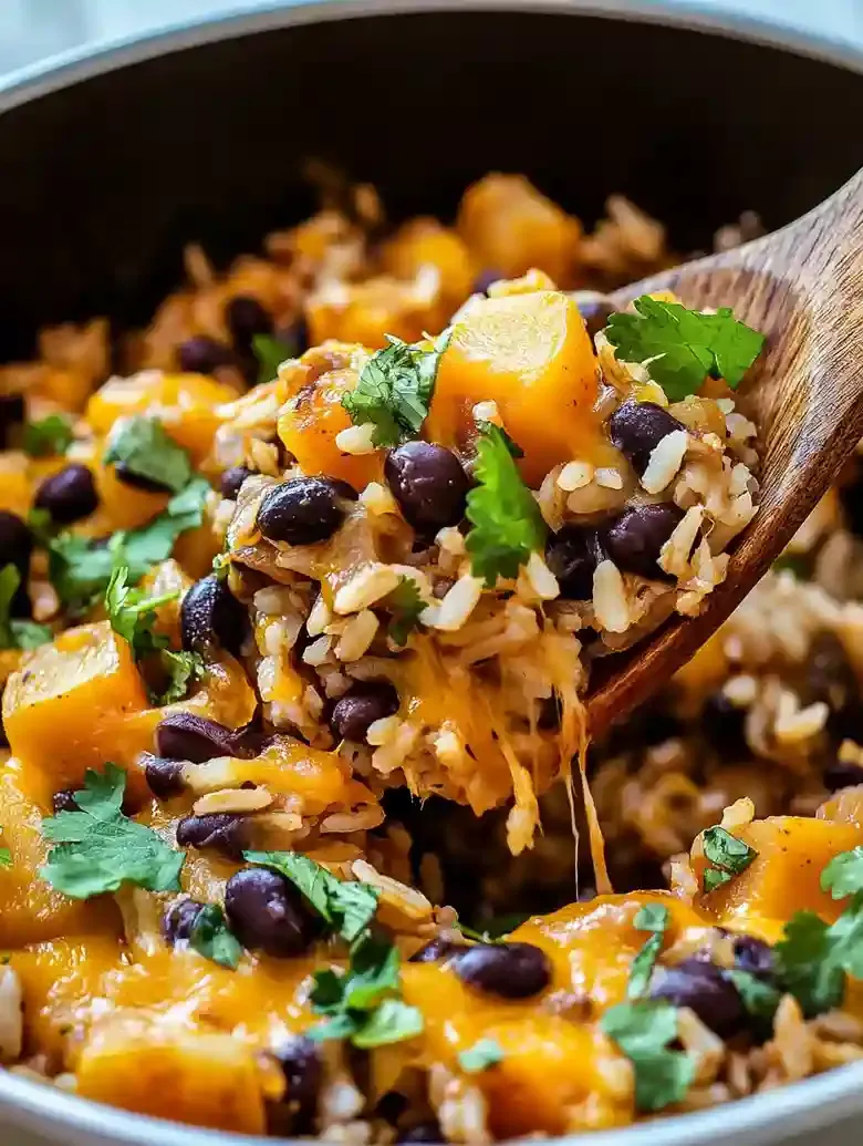 Skillet dish of potatoes, black beans, and rice, topped with cheese and cilantro.