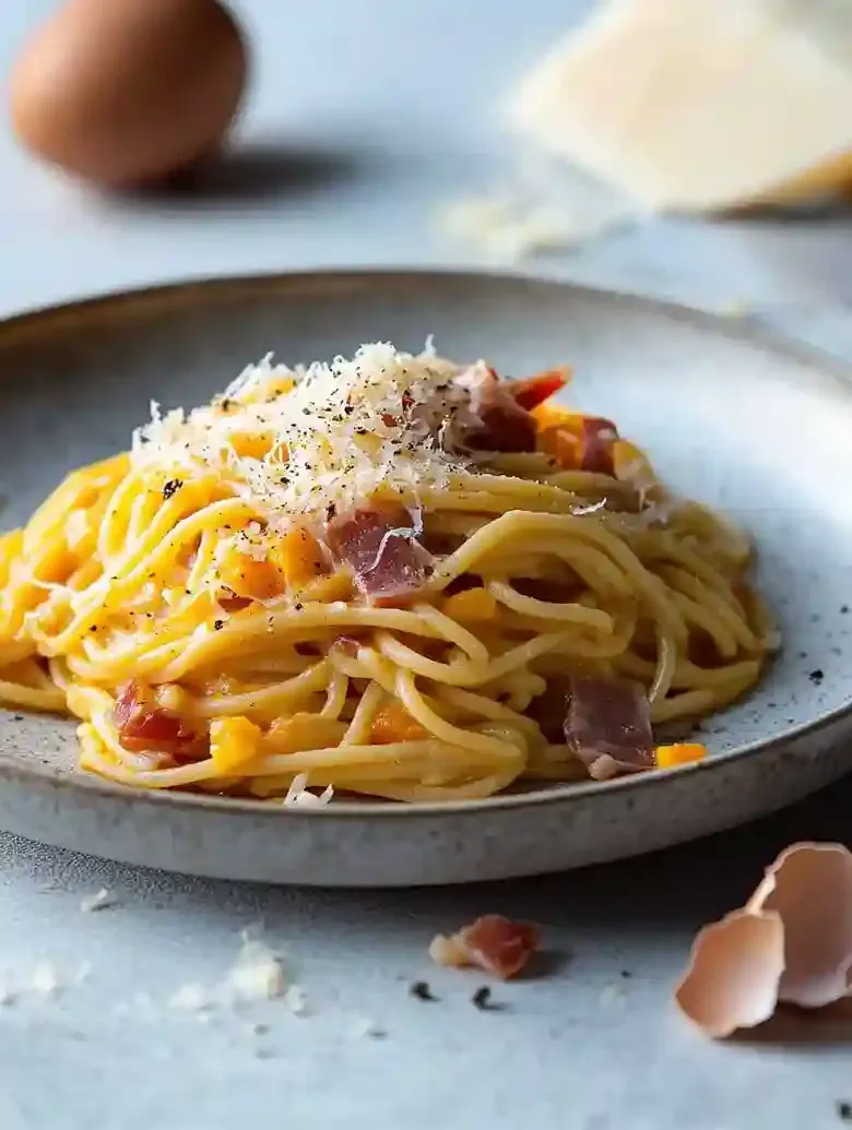 Spaghetti alla carbonara with guanciale, cheese, and cracked eggshells.