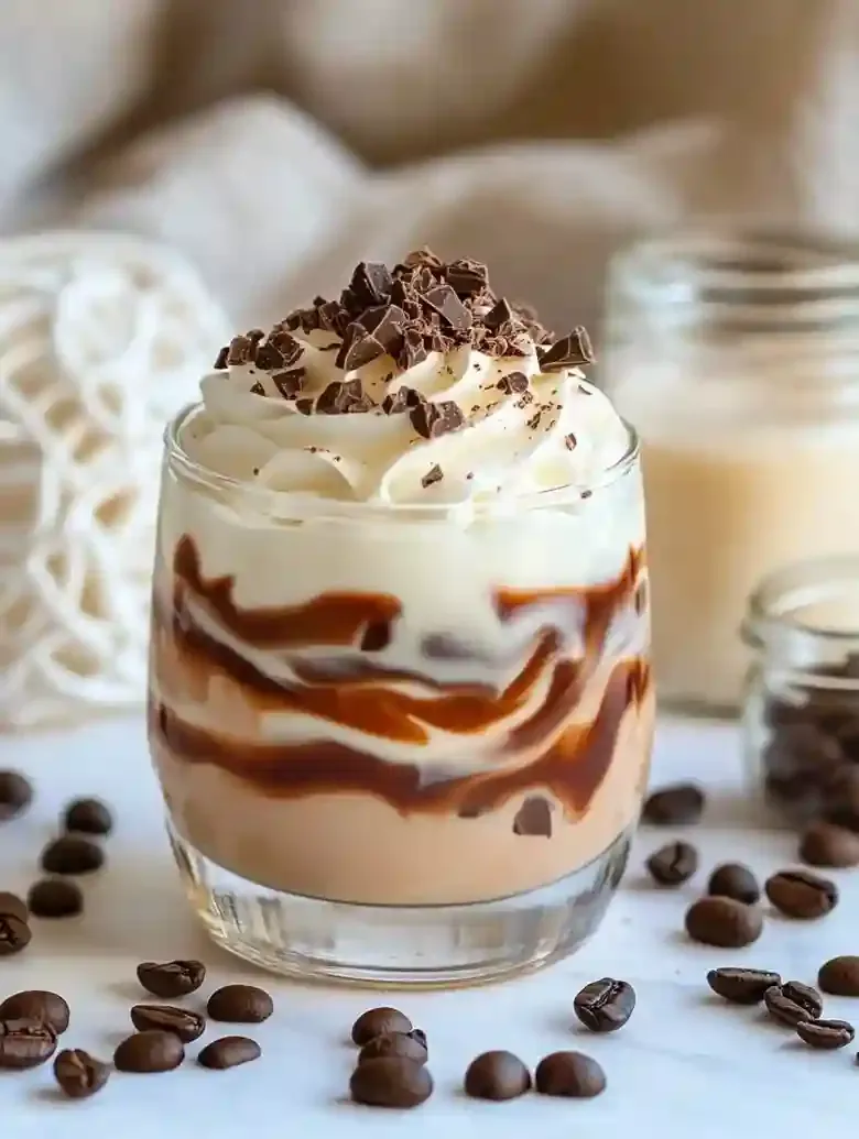 Frothy chocolate beverage with whipped cream, coffee beans, and jars on marble.
