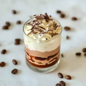 Chocolate frappuccino topped with whipped cream and chocolate shavings.