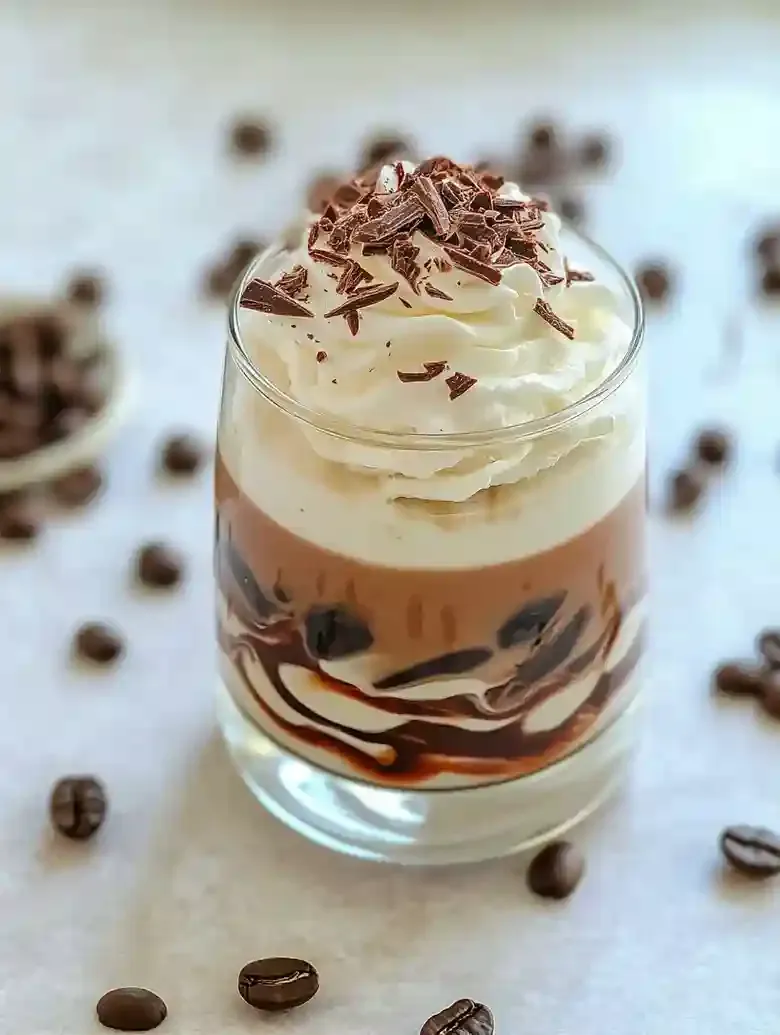 Chocolate frappuccino topped with whipped cream and chocolate shavings.