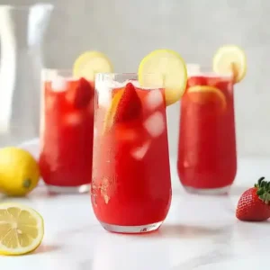 Three glasses of vibrant drinks with ice, garnished with strawberries and lemon.