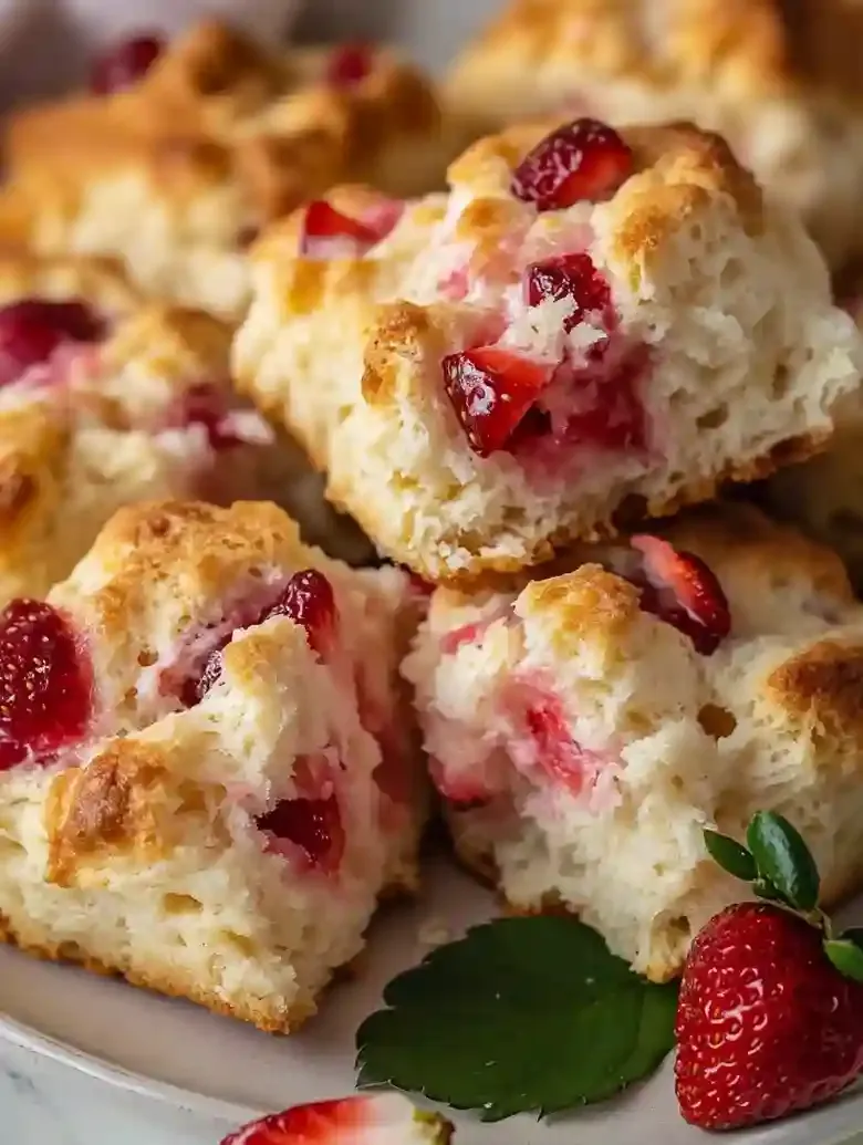 Golden-brown strawberry biscuits on marble surface with fresh strawberries.