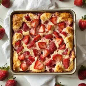 Strawberry Butter Swim Biscuits in a metal pan, topped with diced strawberries.