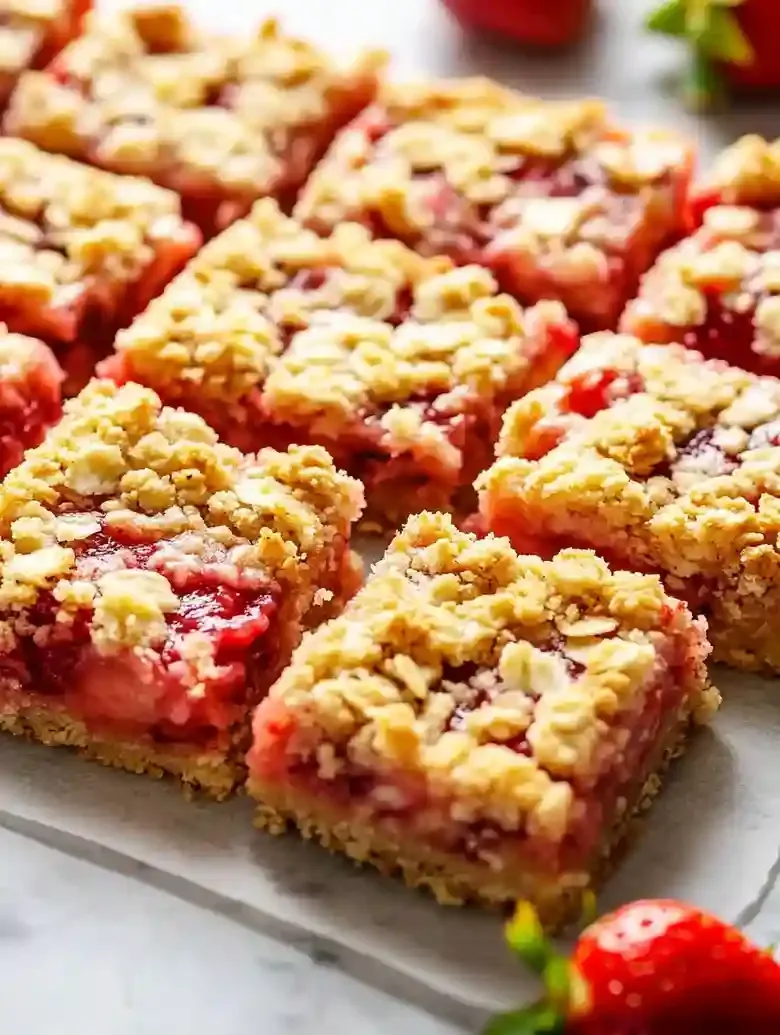 Strawberry crumble bars with golden topping arranged on marble surface.