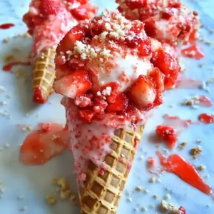 Waffle cones with no-bake cheesecake, strawberries, and white chocolate dip.