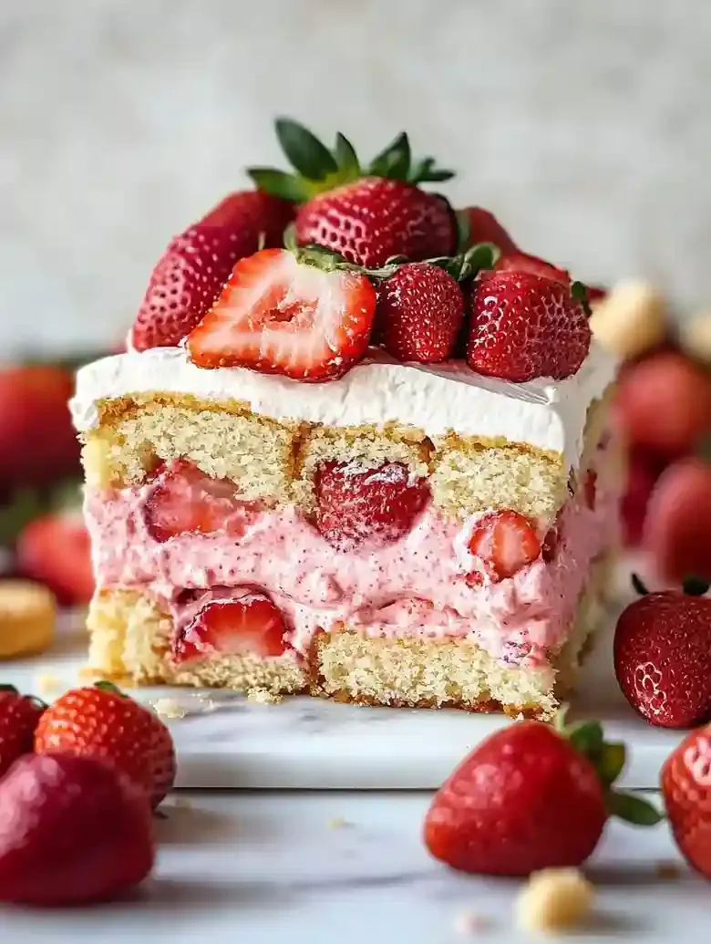 Layered strawberry dessert slice on marble surface with strawberries and ladyfingers.