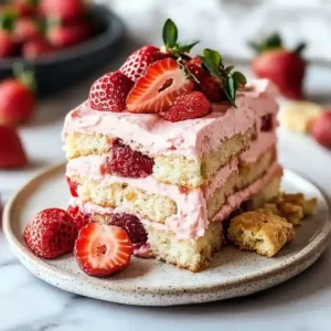 Layered pink cream and sponge cake slice topped with fresh strawberries.