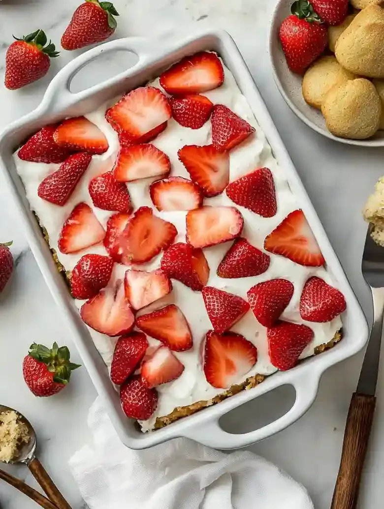 Layered dessert topped with strawberries on a marble surface, with fresh berries.