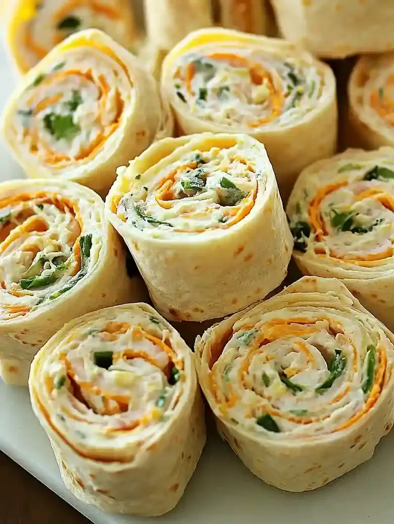 Tortilla bite-sized rolls with orange and green fillings on marble surface.