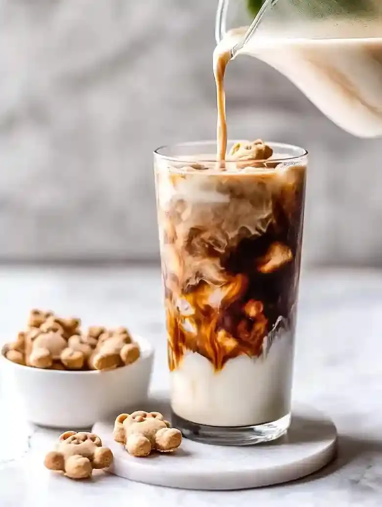 Layered iced latte in a glass with teddy-shaped cookies on marble surface.
