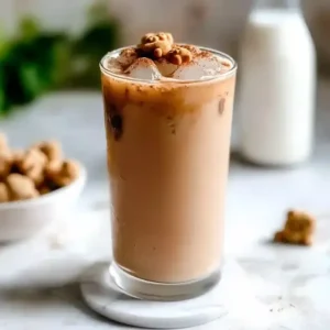 Chilled latte with ice, cinnamon, and teddy-shaped cookies on marble surface.