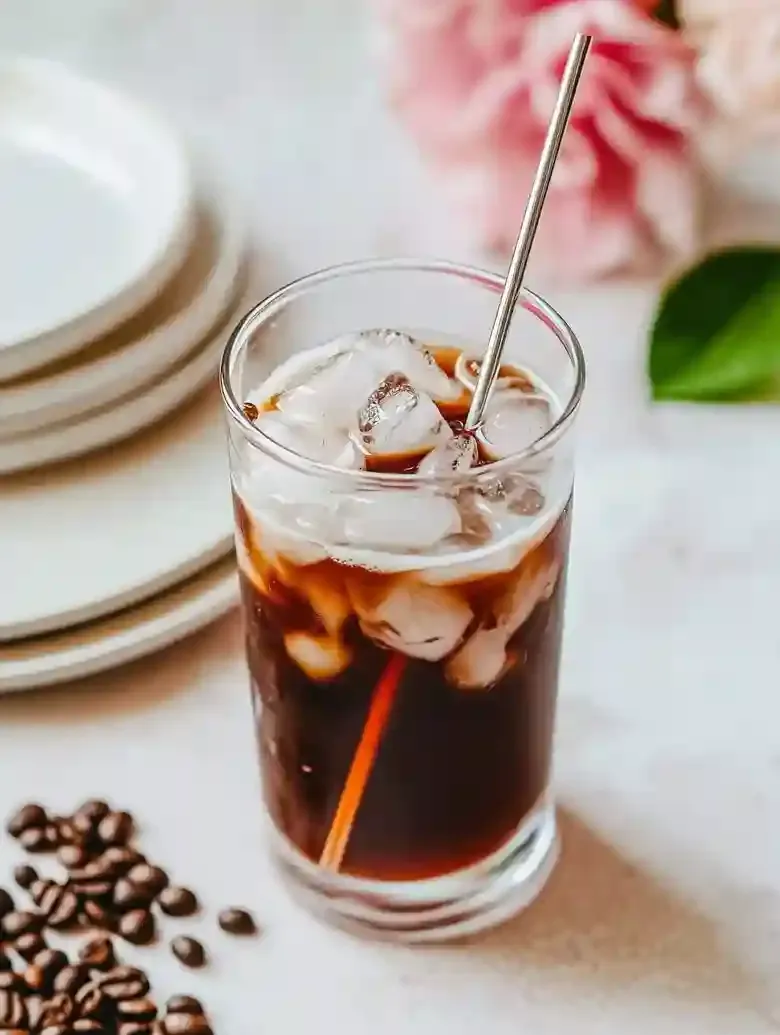 Cold brew coffee glass with ice and straw, plates and coffee beans nearby.