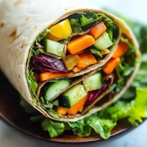 Vibrant veggie hummus wrap with fresh layers on a marble surface.