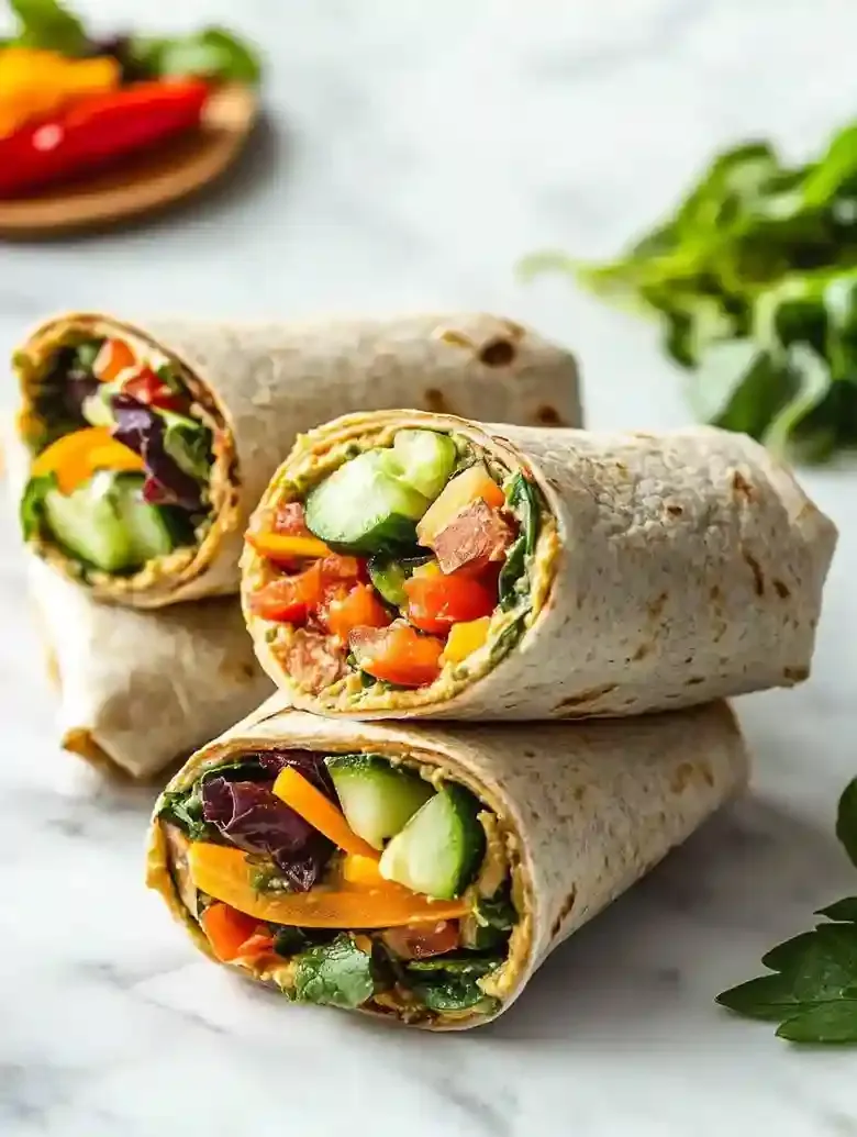 Four colorful veggie wraps with fresh vegetables on a marble surface.