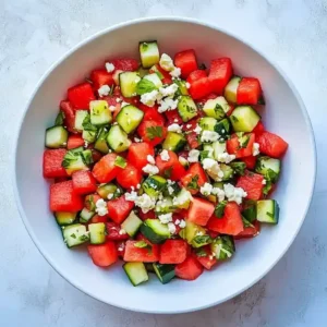 Bowl of watermelon and cucumber salad garnished with cheese and herbs.
