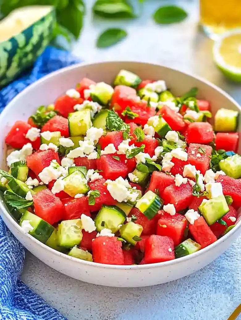 Watermelon feta salad in a bowl with cucumbers, mint, and basil.