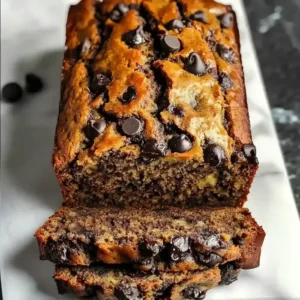 Vegan chocolate chip banana bread on marble, slices showcasing tender interior.