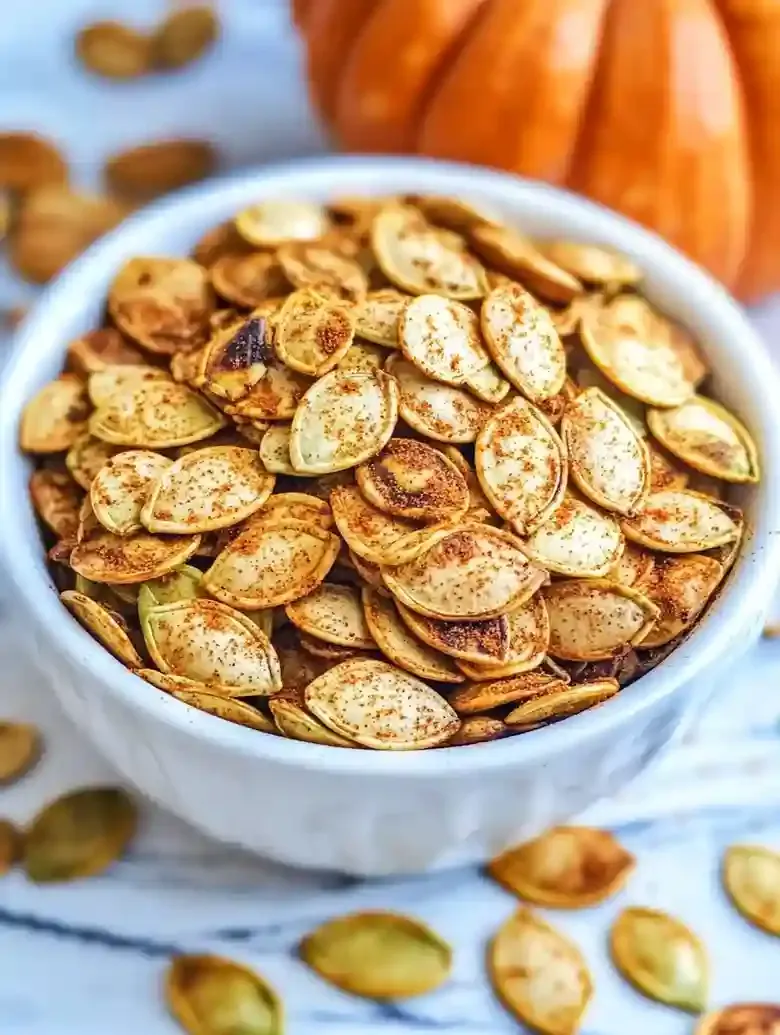 Bowl of spiced roasted pumpkin seeds on white marble surface.