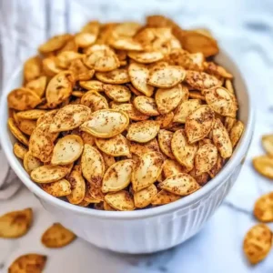 Bowl of seasoned roasted pumpkin seeds on a marble surface.