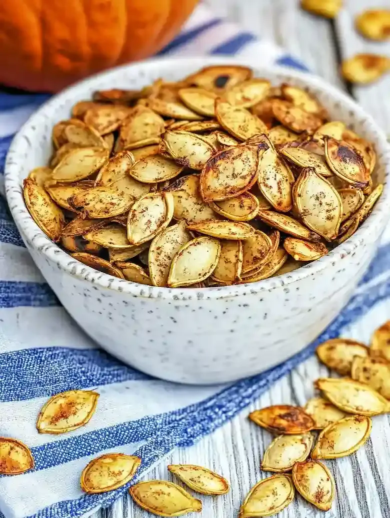 Bowl of roasted pumpkin seeds on a blue-striped cloth with a pumpkin.