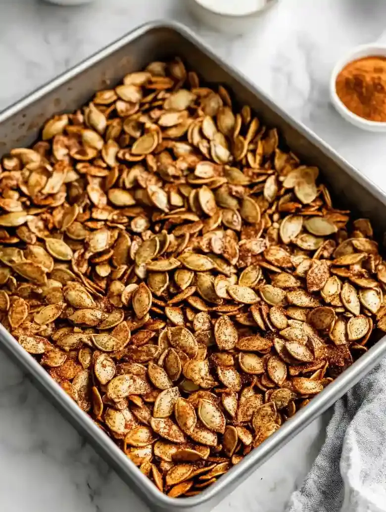 Metal baking pan with spiced roasted pumpkin seeds on marble surface.
