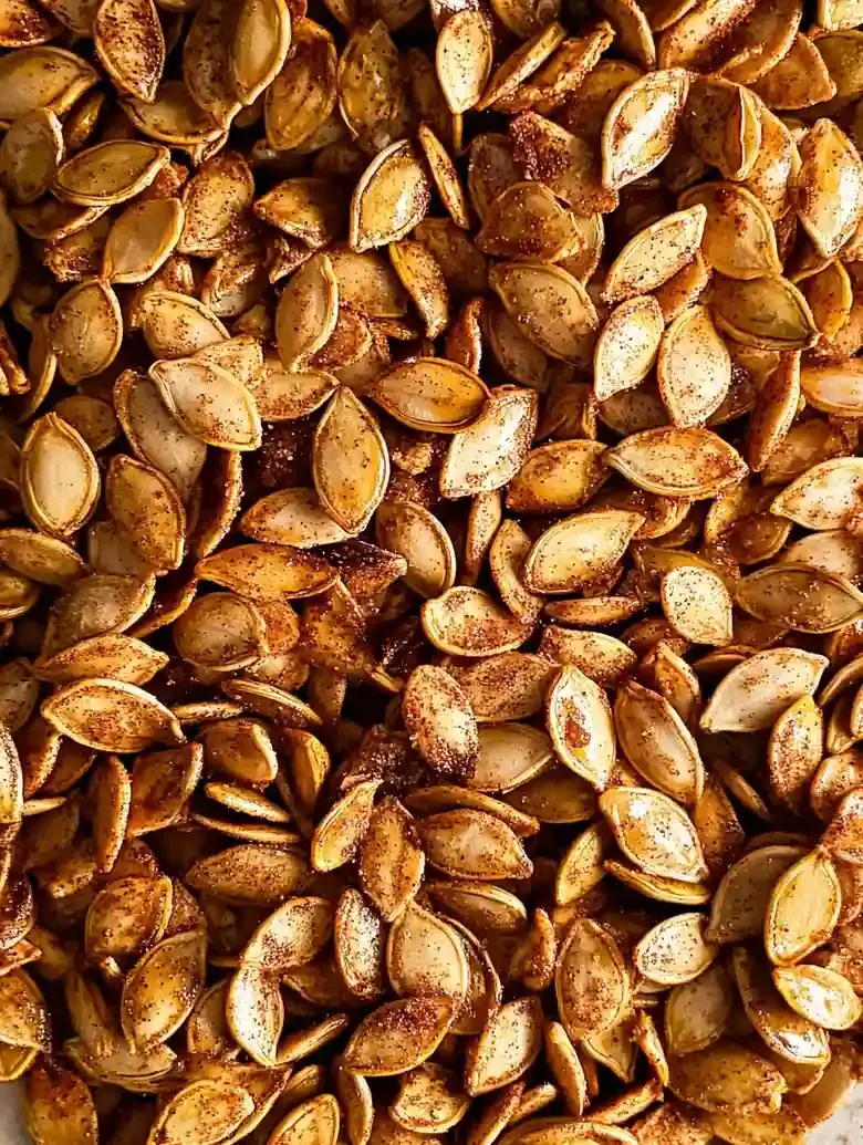 Overhead view of roasted pumpkin seeds with cinnamon and sugar on marble.