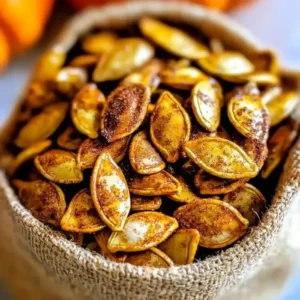 Closeup of a fabric bag filled with cinnamon-sugar roasted pumpkin seeds.