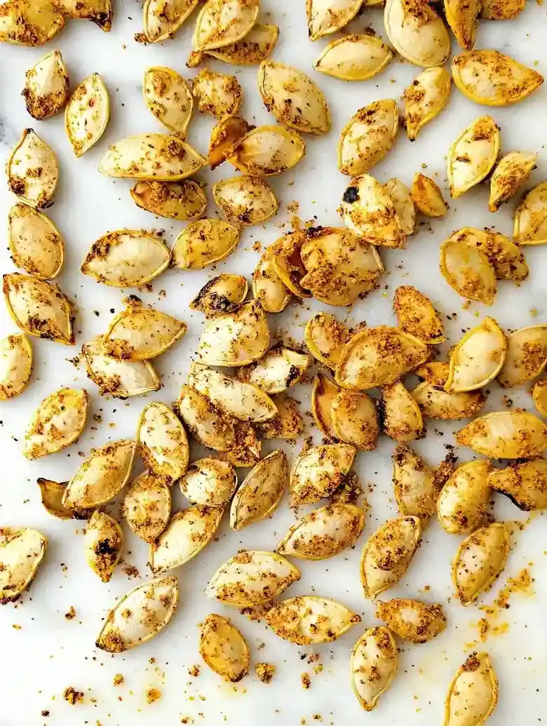 Roasted pumpkin seeds coated in curry powder on a marble surface.