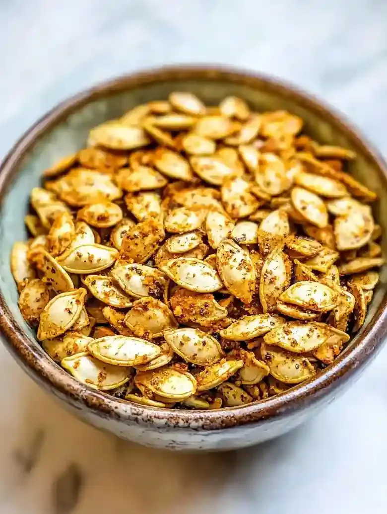 Bowl of seasoned pumpkin seeds on a white marble surface.