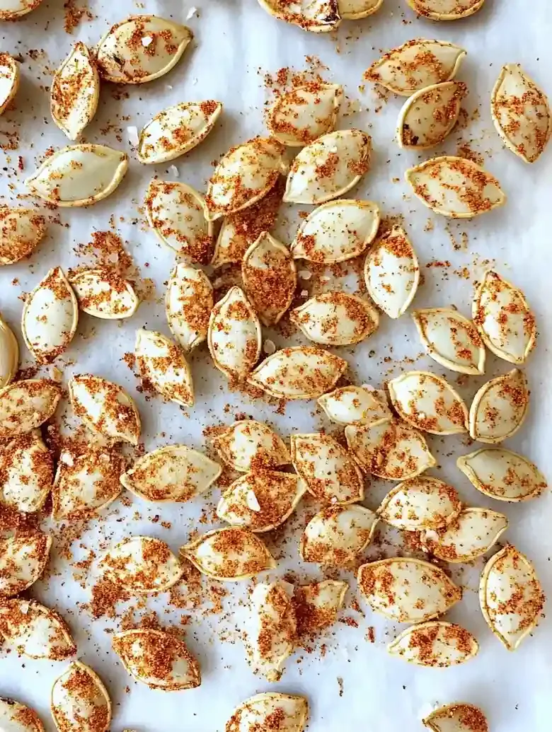Baking sheet with roasted pumpkin seeds seasoned with spices and salt.