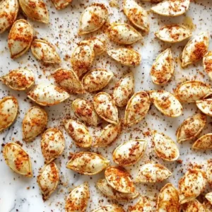 Roasted pumpkin seeds spread on a baking sheet with a marble surface.