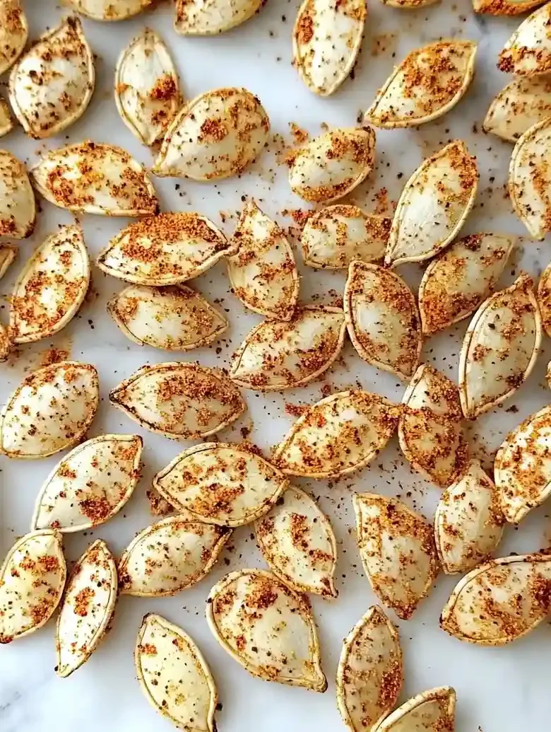 Spiced roasted pumpkin seeds scattered on a white marble surface.