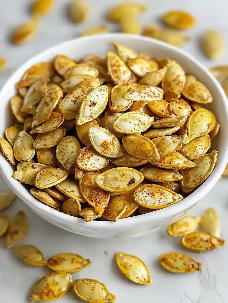 Bowl of spiced, roasted pumpkin seeds on a white marble surface.