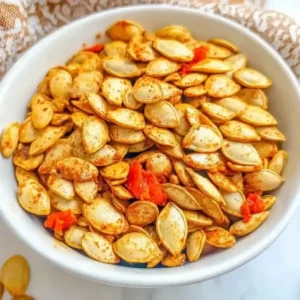 White bowl with harissa-coated roasted pumpkin seeds on marble surface.