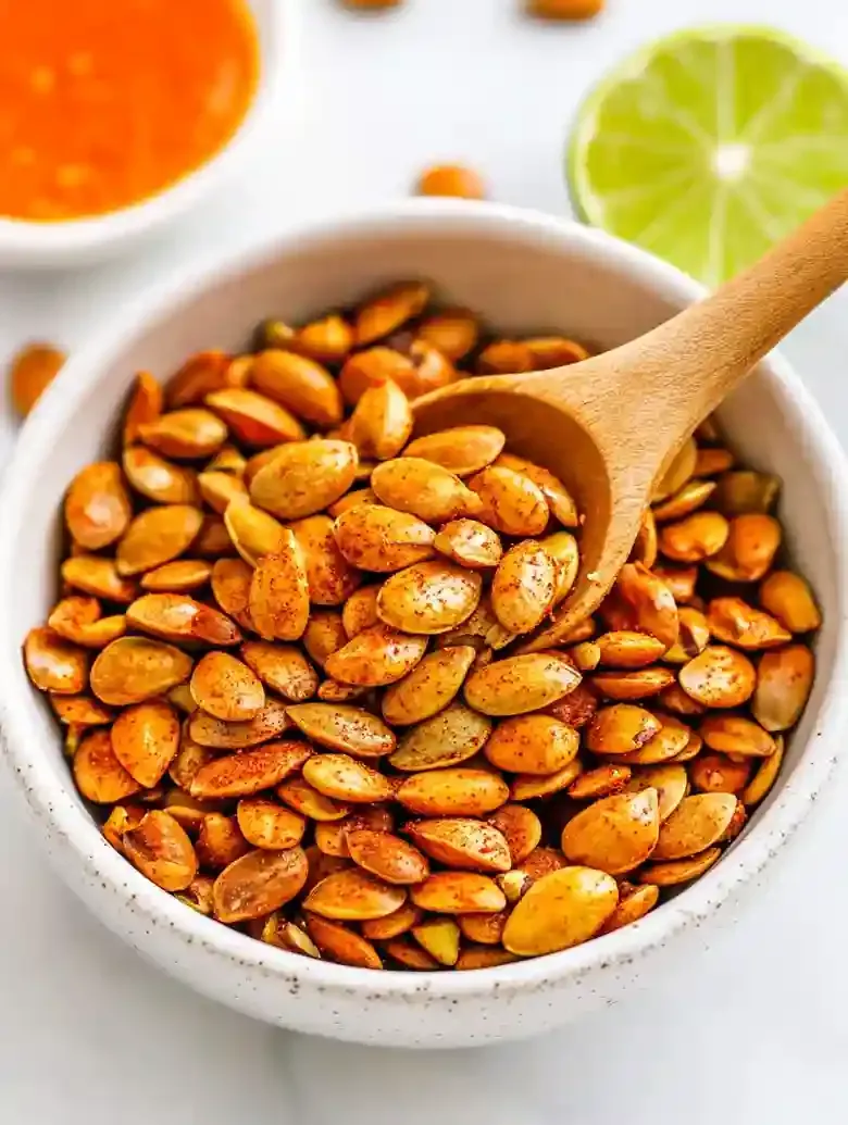 White bowl of roasted pepitas with chili-lime seasoning and a wooden spoon.