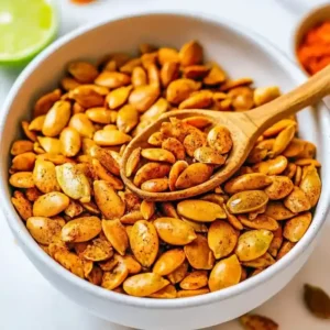Bowl of roasted pepitas with chili-lime seasoning and a wooden spoon.