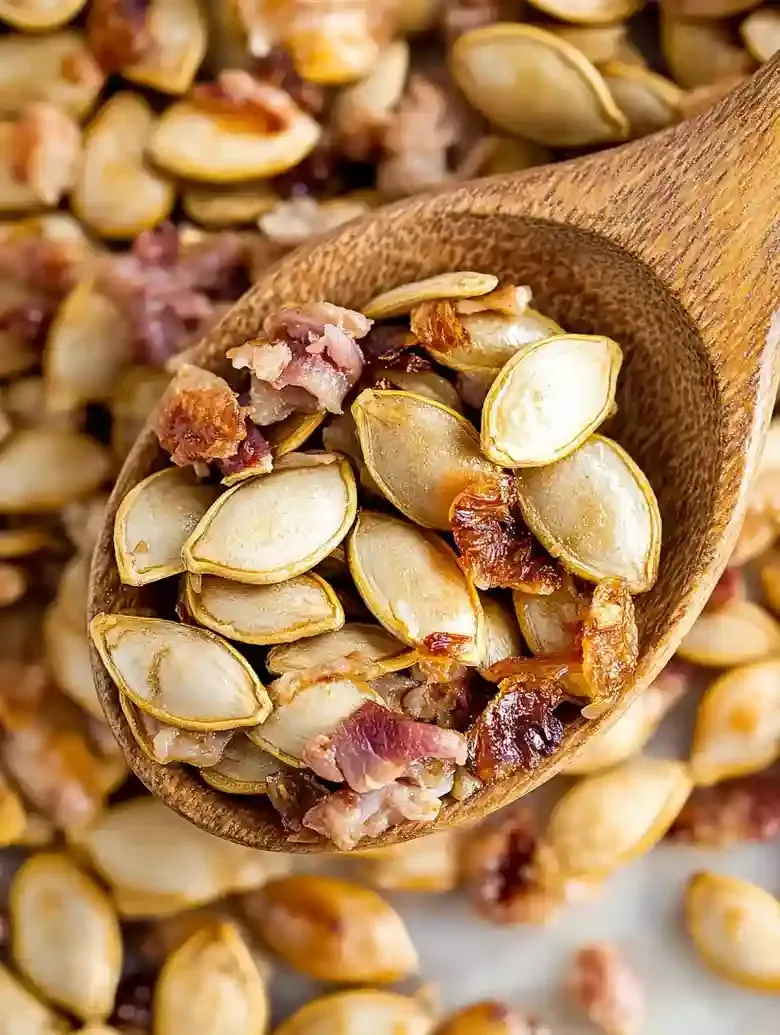 Roasted pumpkin seeds and meat bits on white marble with wooden spoon.