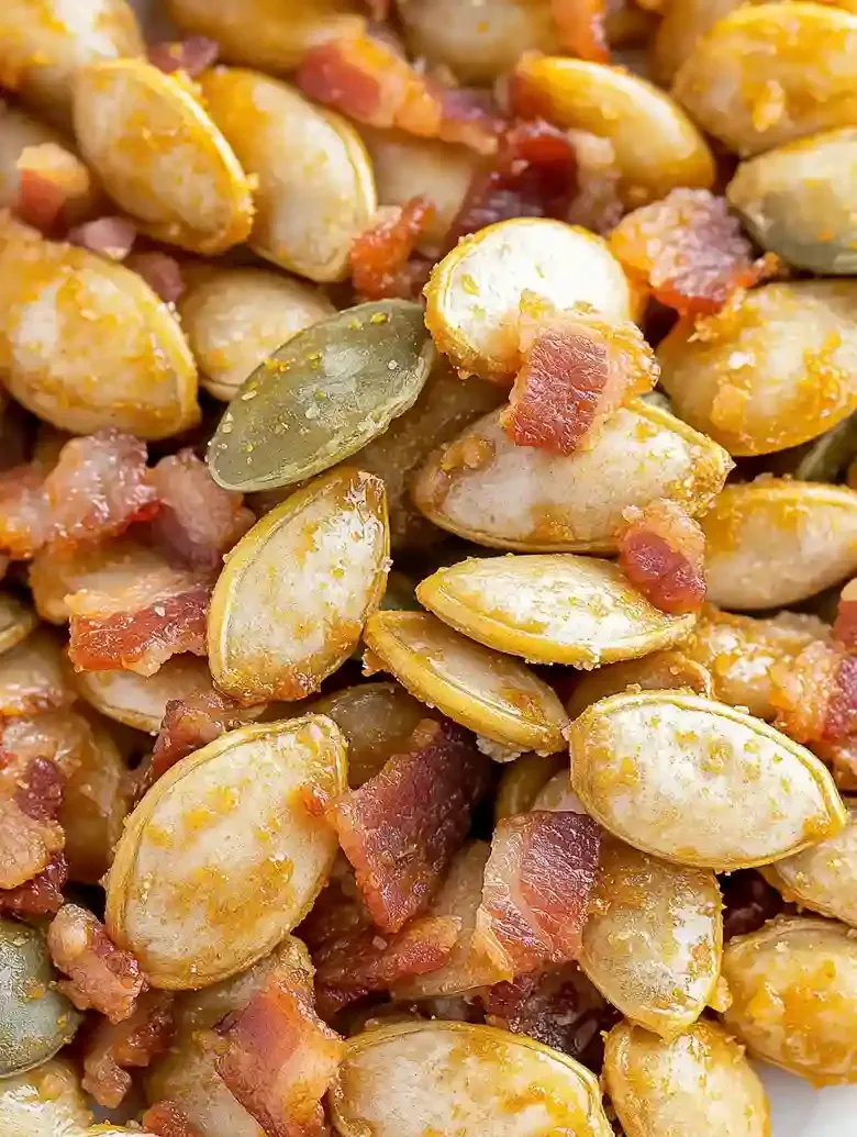Pumpkin seeds mixed with crumbled bacon on a white marble surface.