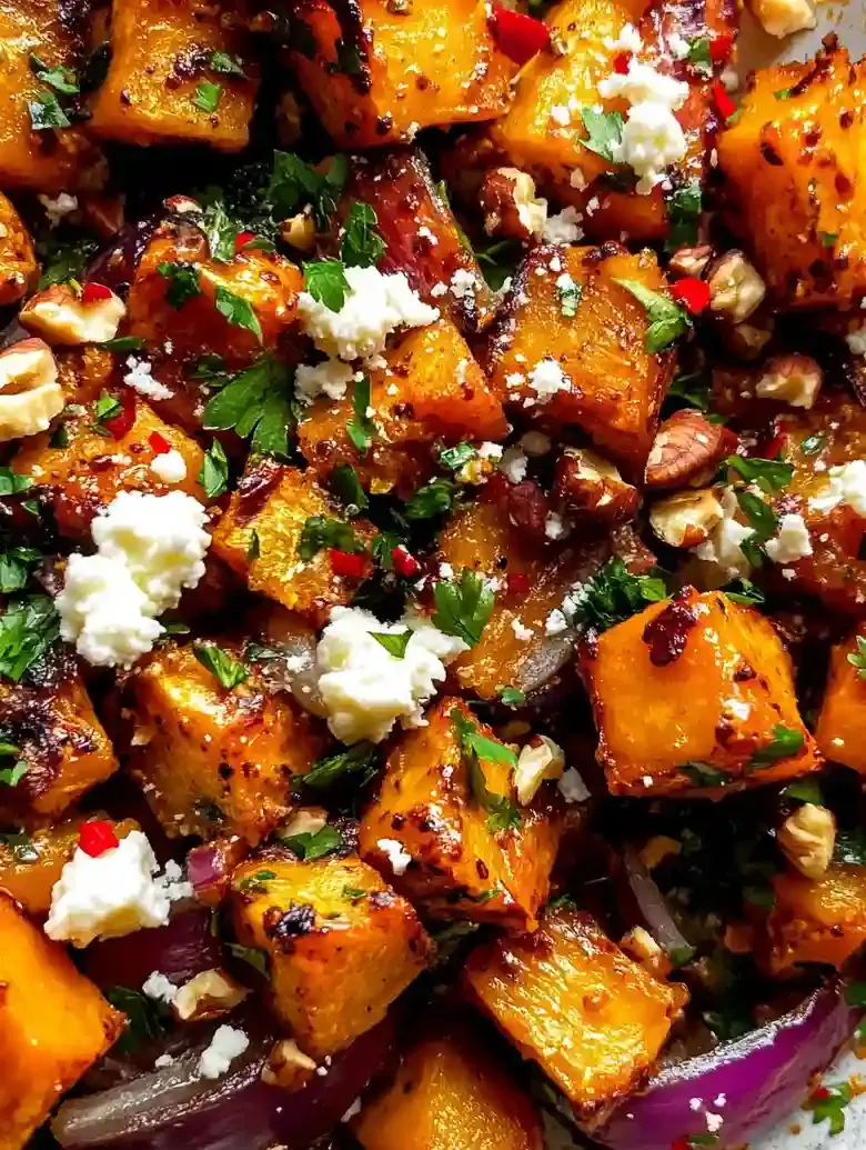 Roasted pumpkin, onion, and walnuts with crumbled cheese and chili flakes.