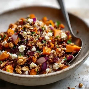 Bowl of roasted pumpkin, feta, onions, and walnuts on marble surface.