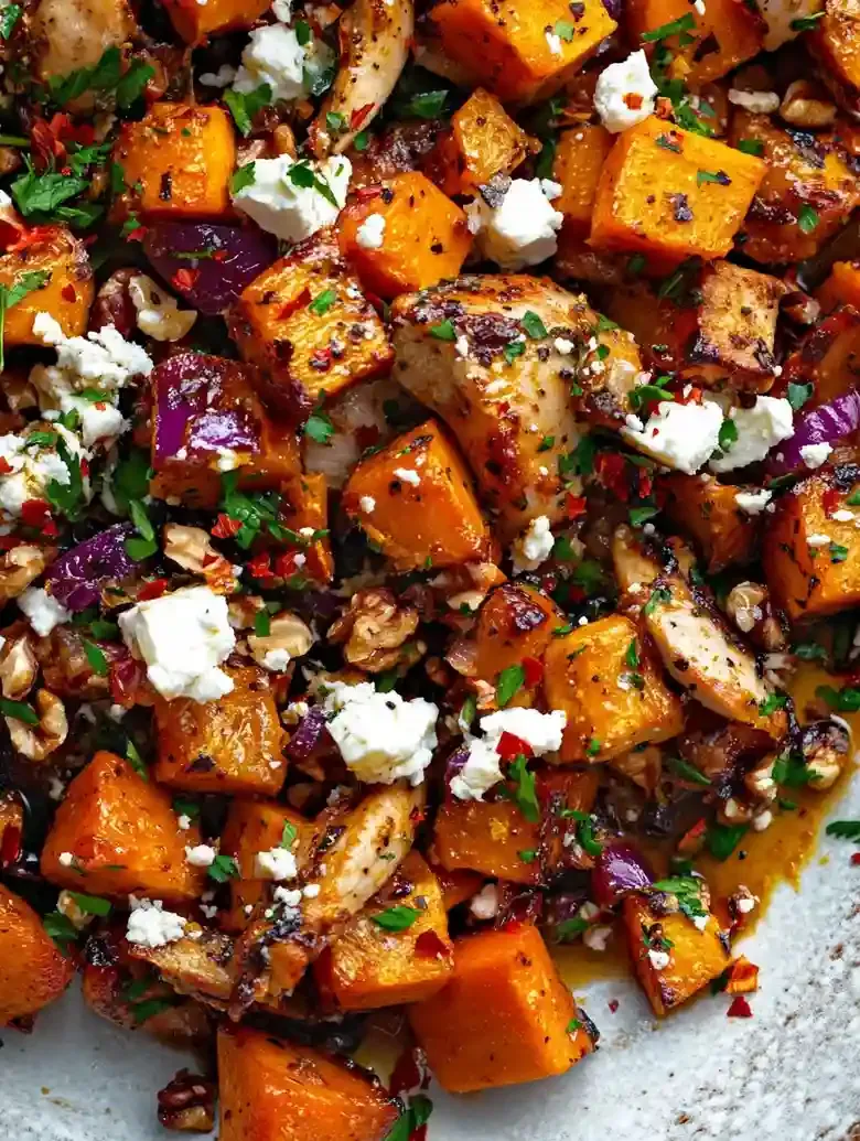 Caramelized pumpkin cubes and chicken tenderloins topped with feta and walnuts.