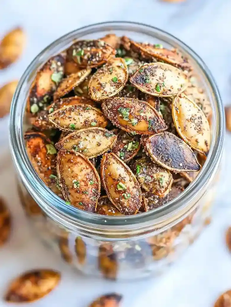 Jar of roasted pumpkin seeds seasoned with green herbs on marble surface.