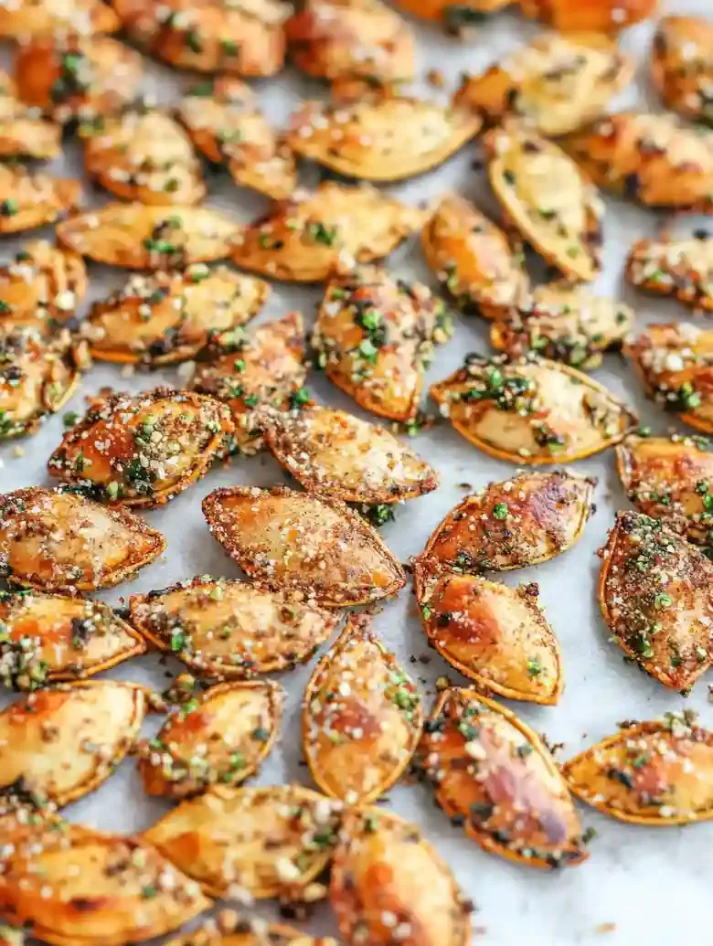 Roasted pumpkin seeds on a baking sheet, seasoned with herbs and spices.