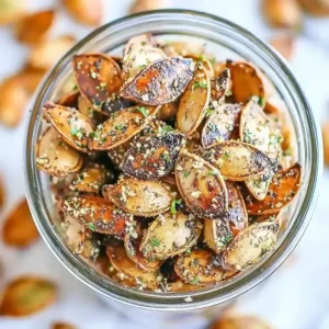 Glass jar of roasted pumpkin seeds with herbs on marble surface.